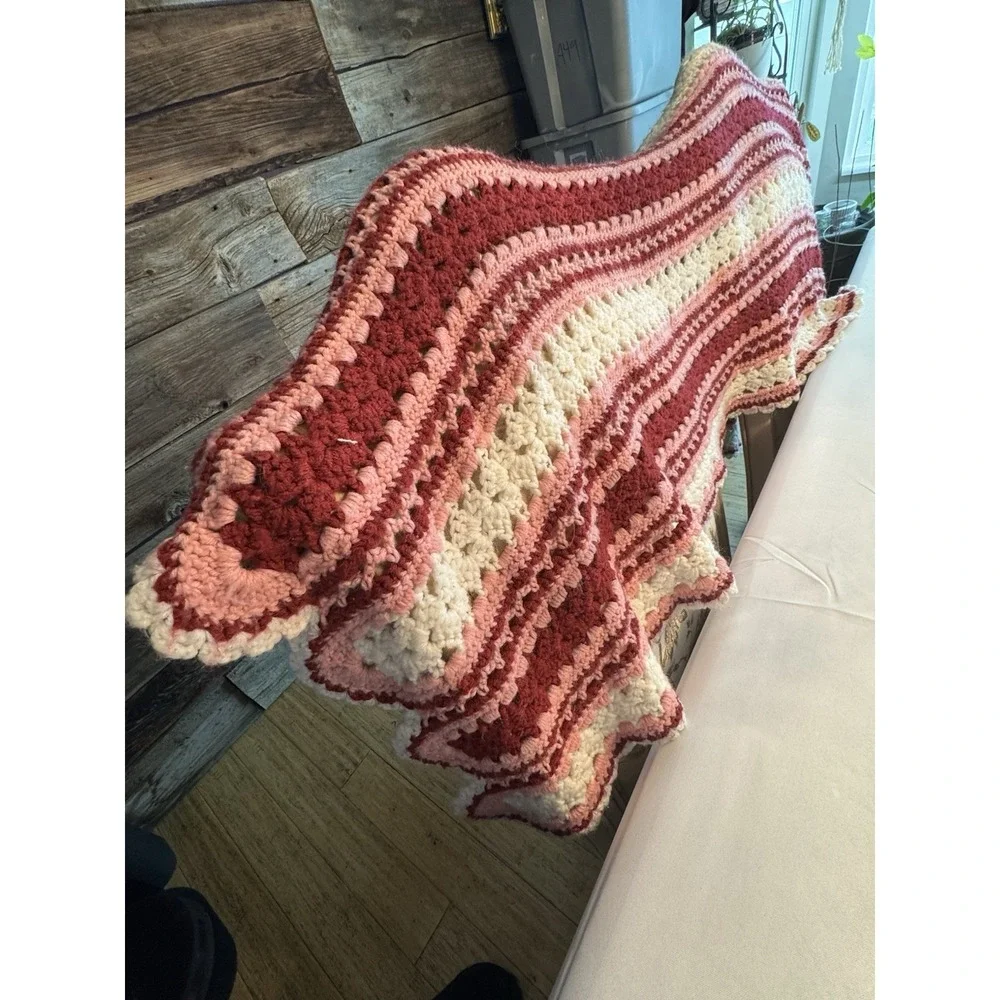 Handmade Red, Pink White Knitted Crocheted Throw Blanket Size 48x64
